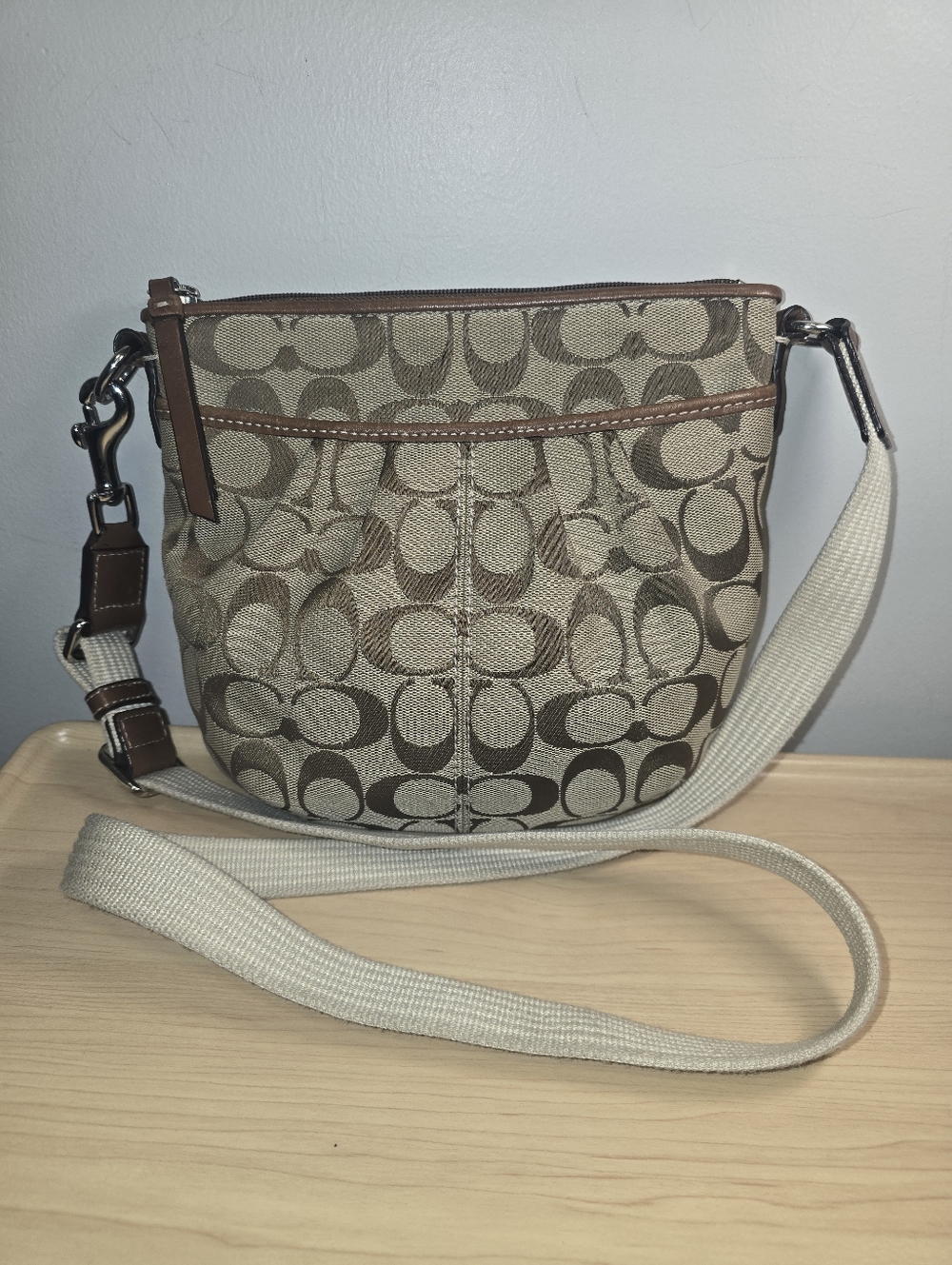 COACH Canvas Signature Jacquard Round Crossbody Khaki & Brown